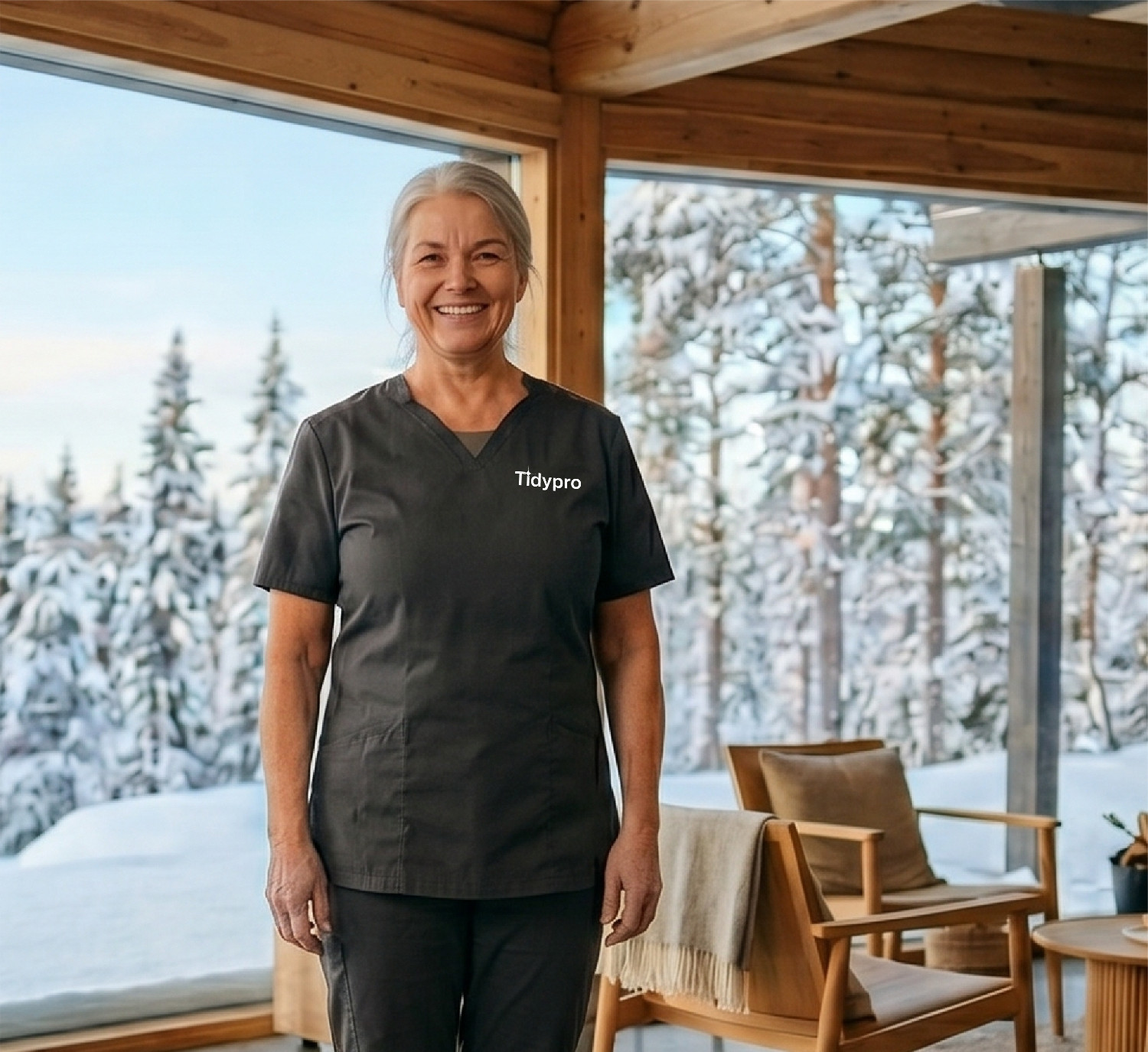 Tidypro-työasu: tumma t-paita rinnassa Tidypro-logolla, lasitetussa mökissä lumimaiseman keskellä