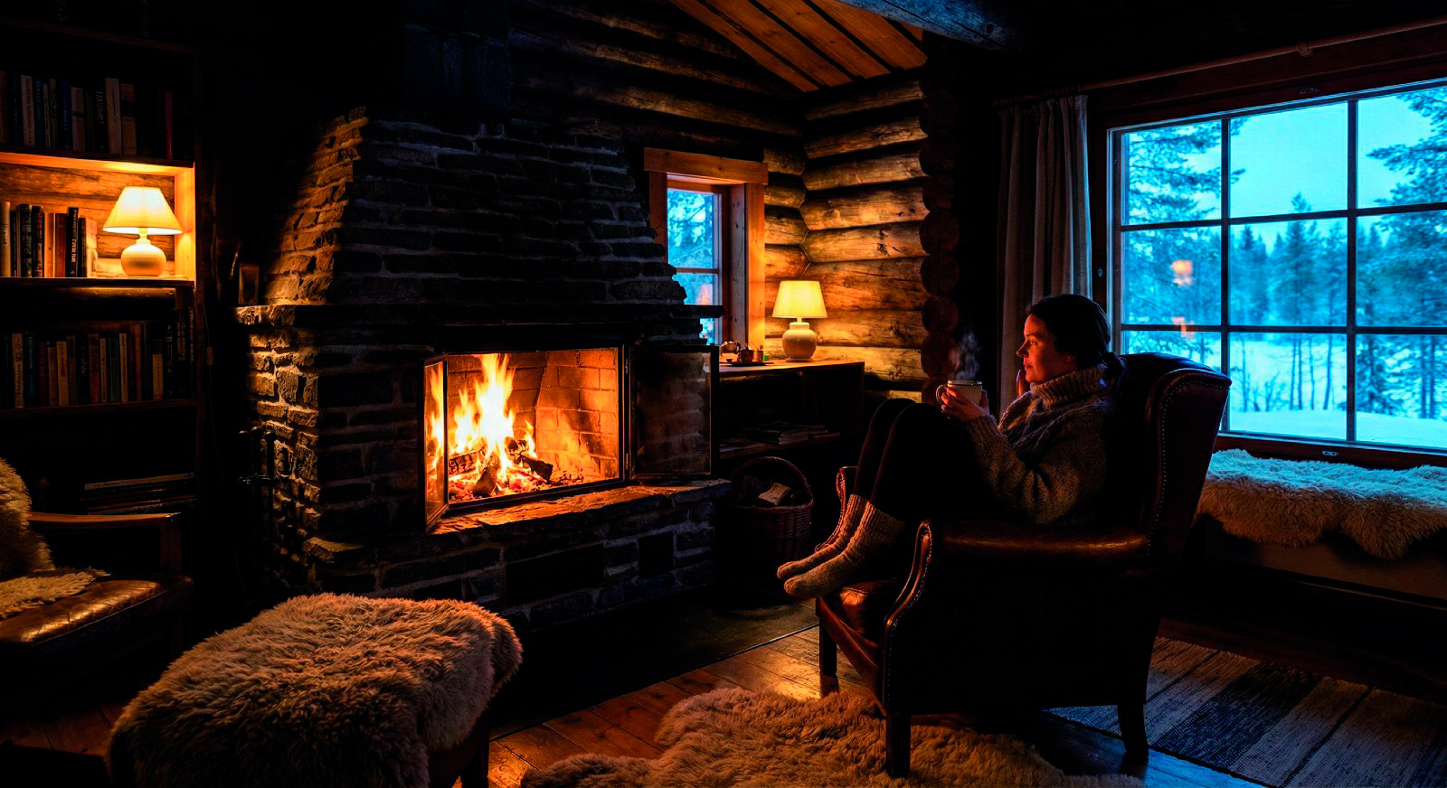 Takkatuli ja kynttilänvaloa lämpimässä sisätilassa