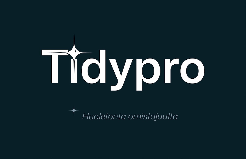 Käyntikortin takapuoli: Tidypro-logo ja iskulause Huoletonta omistajuutta