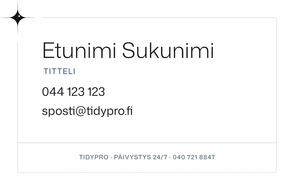 Käyntikortin etupuoli: Etunimi Sukunimi, titteli, puhelinnumero ja sähköposti